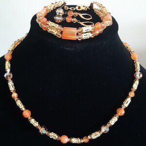 Tsumani Parure: Fire Opal Carnelian, Austrian Crystal and 18K Gold Plated Beads